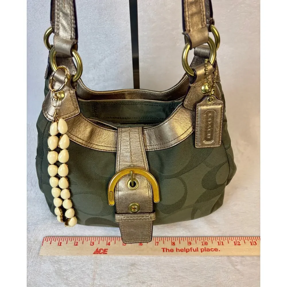 Coach Soho Lynn Signature C Hobo, Olive Green with Metallic Leather Trim, Charm